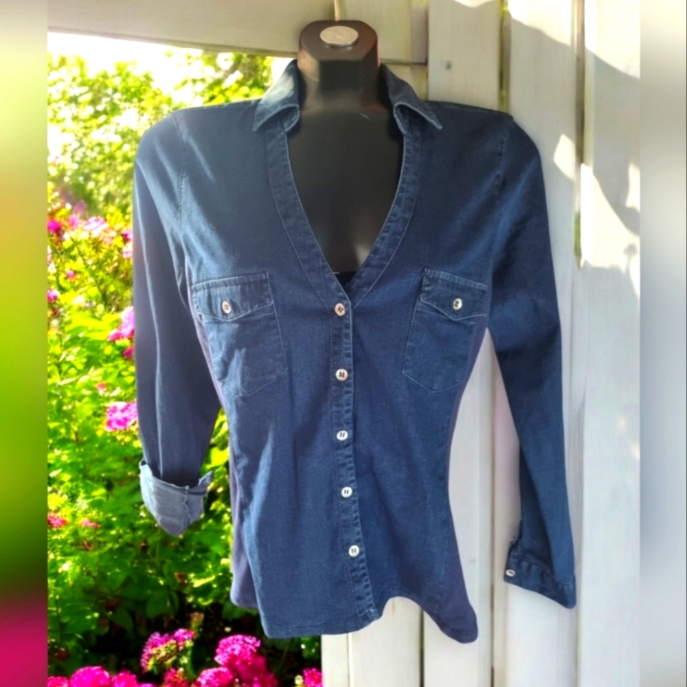 🆕️ GUESS LS Harley Dark Wash Dual Fabric Button Down Denim Shirt